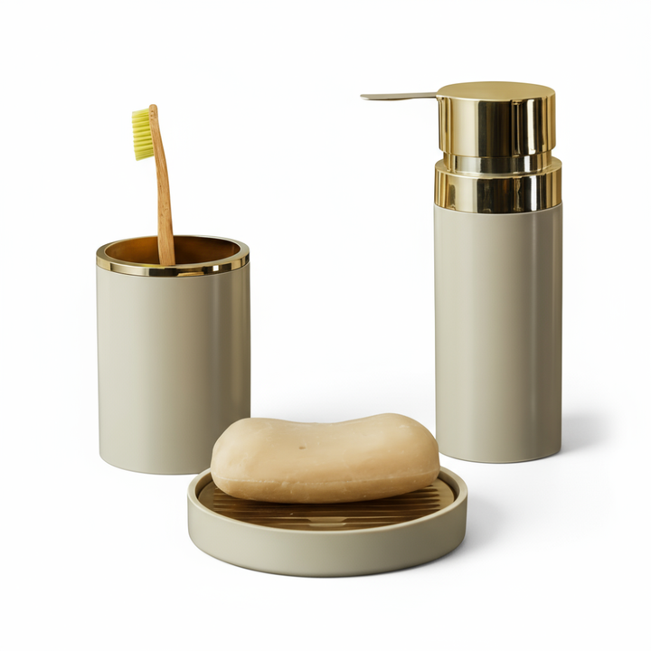 Bathroom Accessories Set (3-Piece Acrylic) – Gold Ring Trim