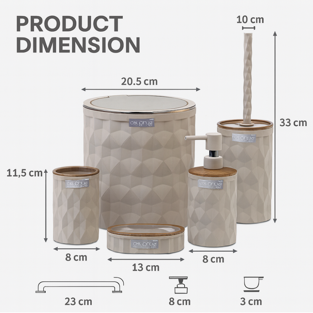 Okyanus 5-Piece Bathroom Accessories Set – Wood-Frame, Durable Plastic