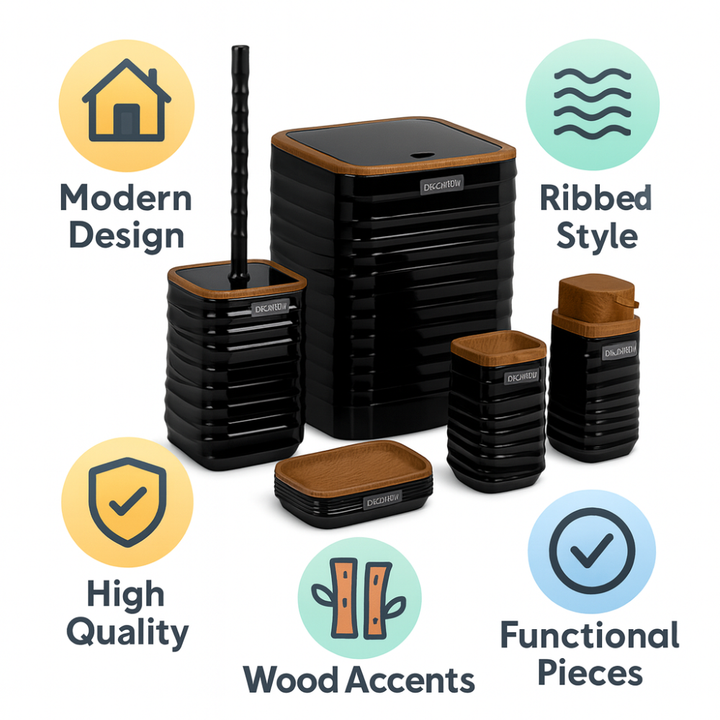 Modern 5-Piece Bathroom Accessories Set – Covered Bin, Wood-Grain Accents