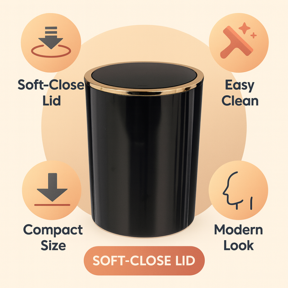 Acrylic Swing-Lid Trash Can – Gold Ring Rim Design, 6 Liter