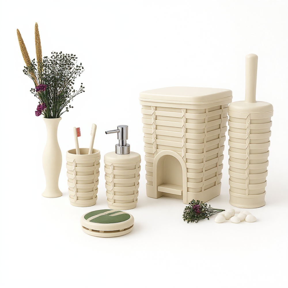 Rattan-Style 5-Piece Bathroom Accessory Set with 5 Liter Pedal Bin | Primanova