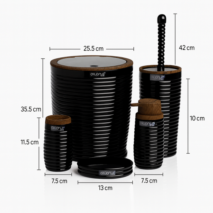 Okyanus 5-Piece Bathroom Accessories Set – Wood-Grain Accents, Durable Plastic