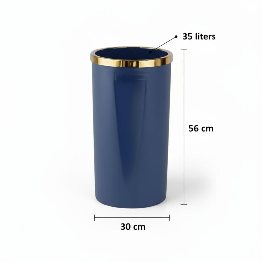 سلة مهملات بغطاء متأرجح وحلقة داخلية - سعة 35 لترًا، لون أزرق داكن/ذهبي
