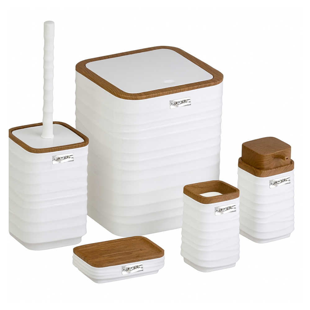 Modern 5-Piece Bathroom Accessories Set – Covered Bin, Wood-Grain Accents