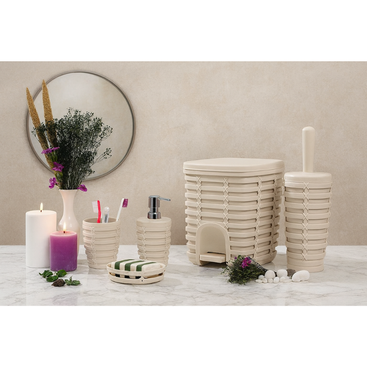 Rattan-Style 5-Piece Bathroom Accessory Set with 5 Liter Pedal Bin | Primanova