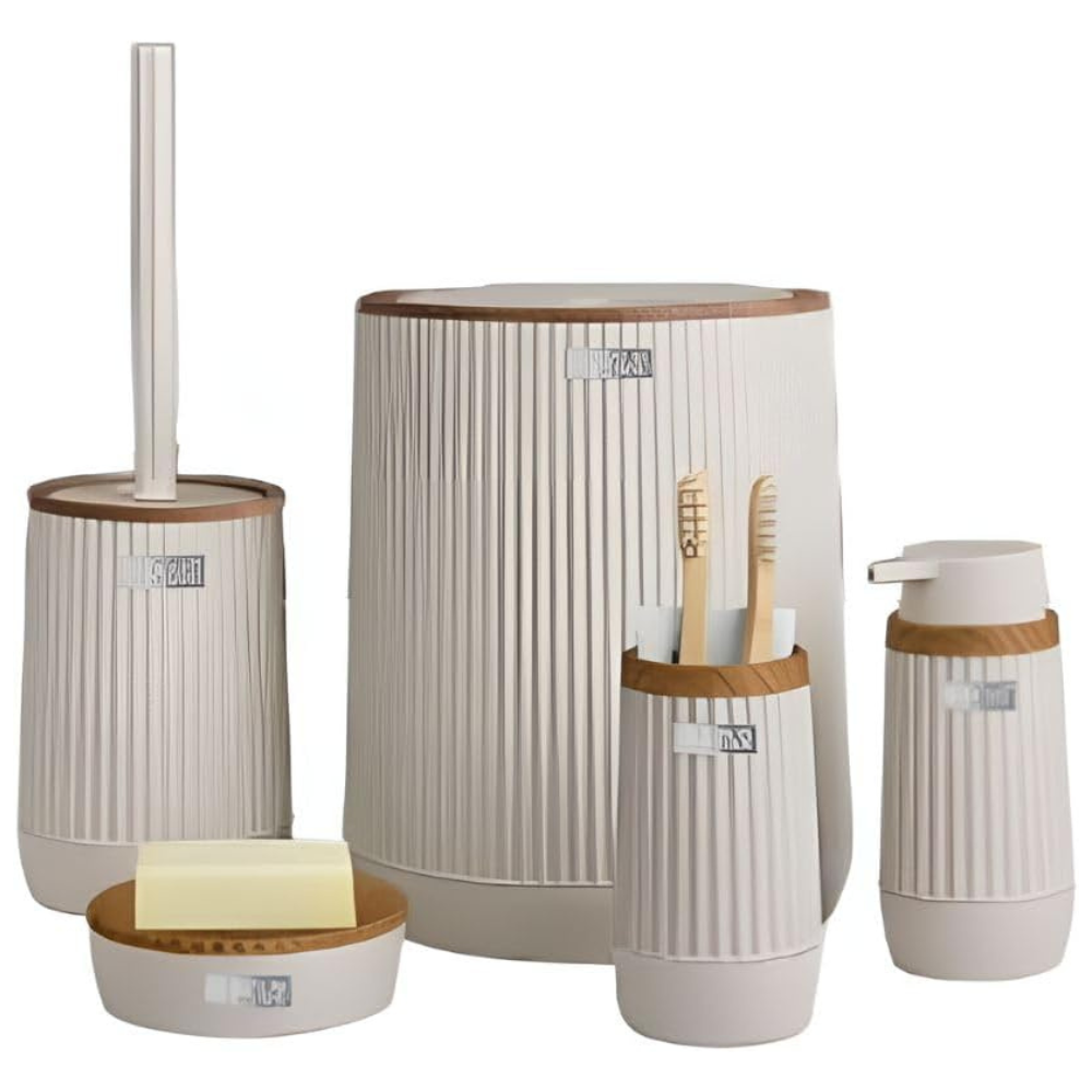 5-Piece Bathroom Accessories Set – Wood-Grain Accents, Durable Plastic