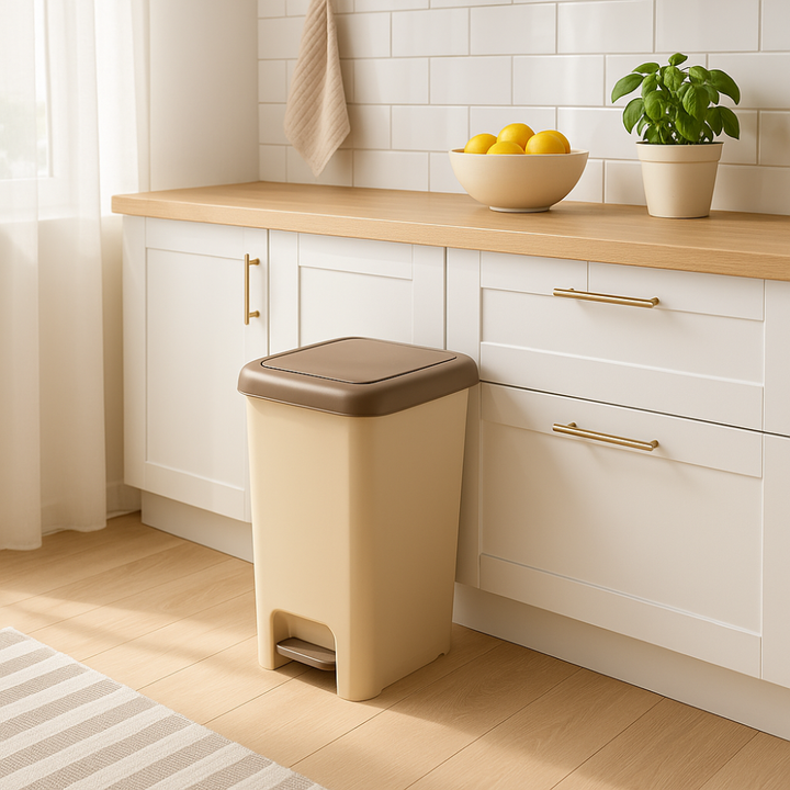 سلة مهملات دنيا البلاستيكية النحيفة ذات الدواسة - (بيج)