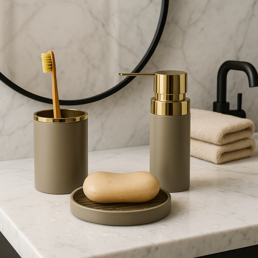 Bathroom Accessories Set (3-Piece Acrylic) – Gold Ring Trim