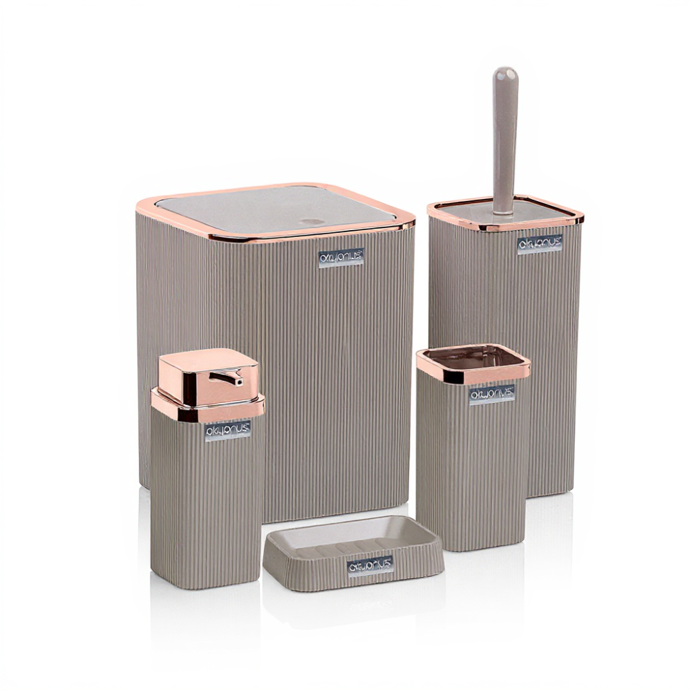 Okyanus 5-Piece Bathroom Accessory Set – Ribbed Modern Design with Rose-Gold Accents