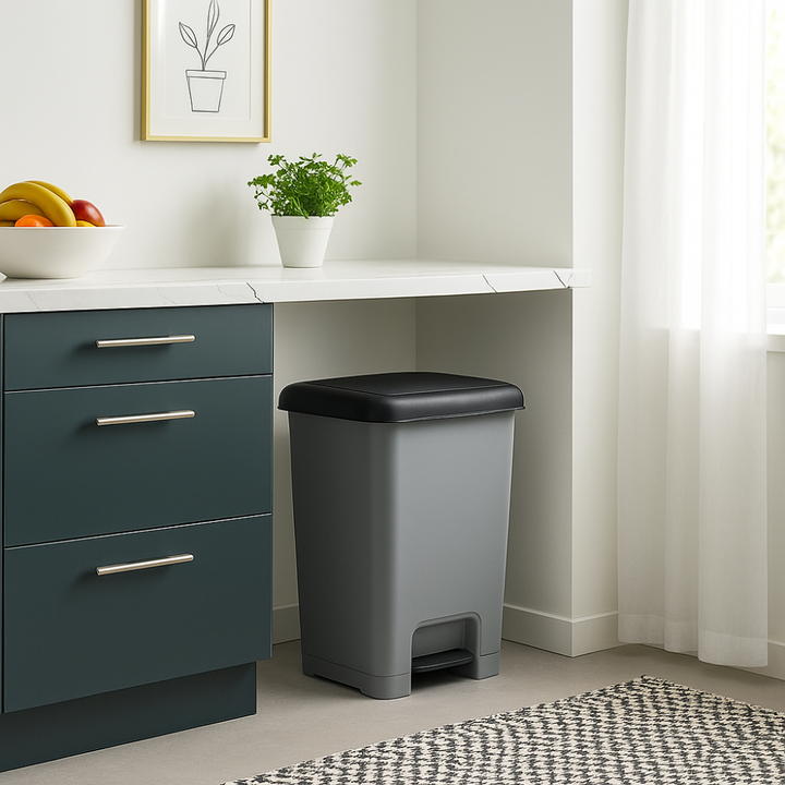 سلة مهملات دنيا البلاستيكية النحيفة ذات الدواسة المستطيلة - (رمادي)