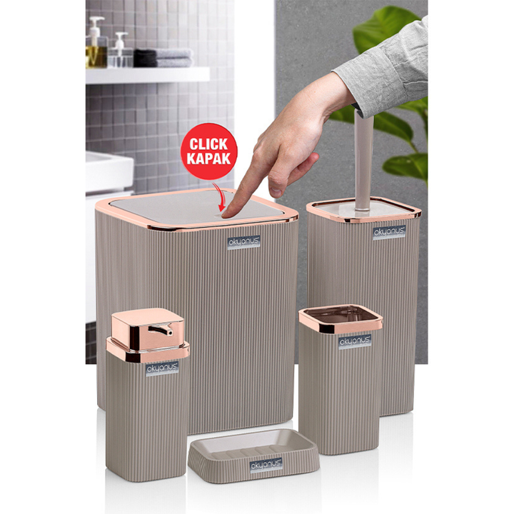 Okyanus 5-Piece Bathroom Accessory Set – Ribbed Modern Design with Rose-Gold Accents