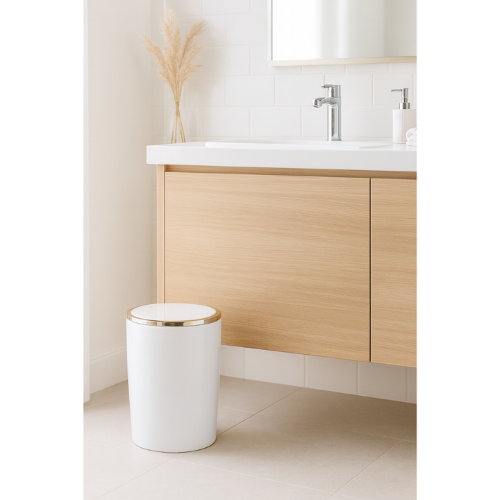 Acrylic Swing-Lid Trash Can – Gold Ring Rim Design, 6 Liter