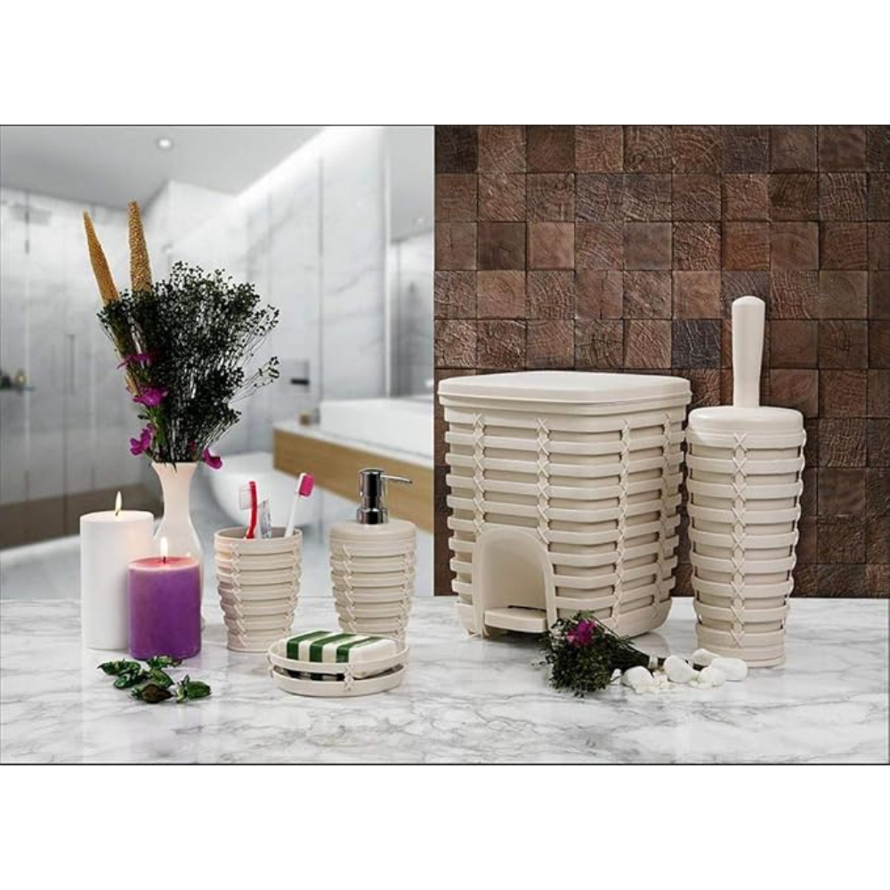 Rattan-Style 5-Piece Bathroom Accessory Set with 5 Liter Pedal Bin | Primanova