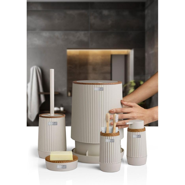 5-Piece Bathroom Accessories Set – Wood-Grain Accents, Durable Plastic