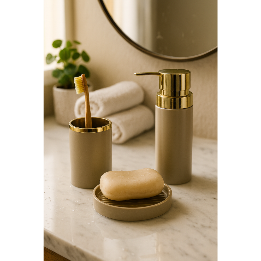 Bathroom Accessories Set (3-Piece Acrylic) – Gold Ring Trim