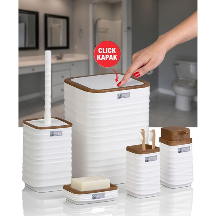 Modern 5-Piece Bathroom Accessories Set – Covered Bin, Wood-Grain Accents