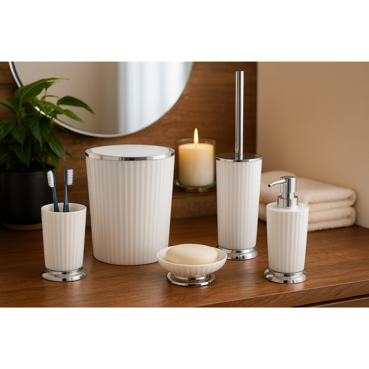 Ribbed Bathroom Accessories Set – Chrome Accents, 5-Piece