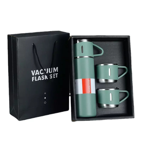 A set of one and two mugs made of stainless steel with a silicone handle