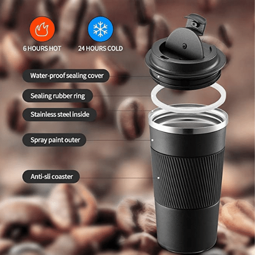 Double wall stainless steel travel coffee mug with Hand Grip