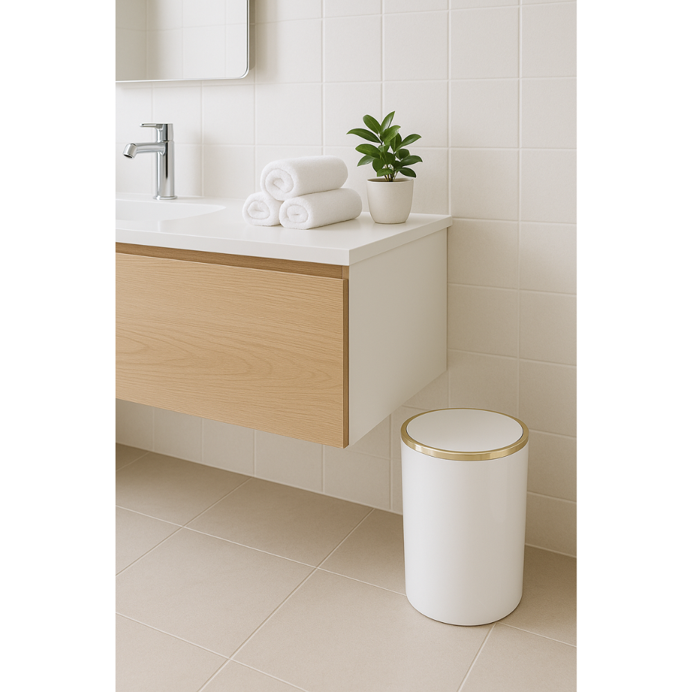 Acrylic Swing-Lid Trash Can – Gold Ring Rim Design, 6 Liter