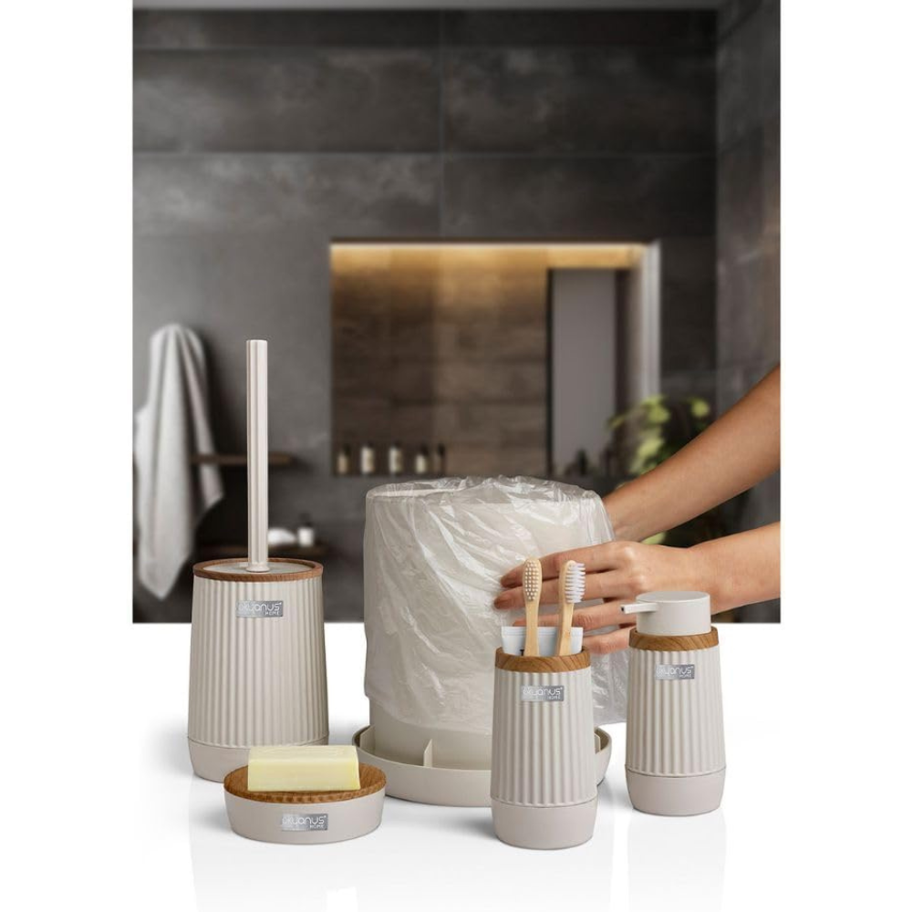 5-Piece Bathroom Accessories Set – Wood-Grain Accents, Durable Plastic