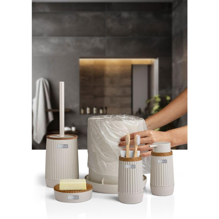 5-Piece Bathroom Accessories Set – Wood-Grain Accents, Durable Plastic