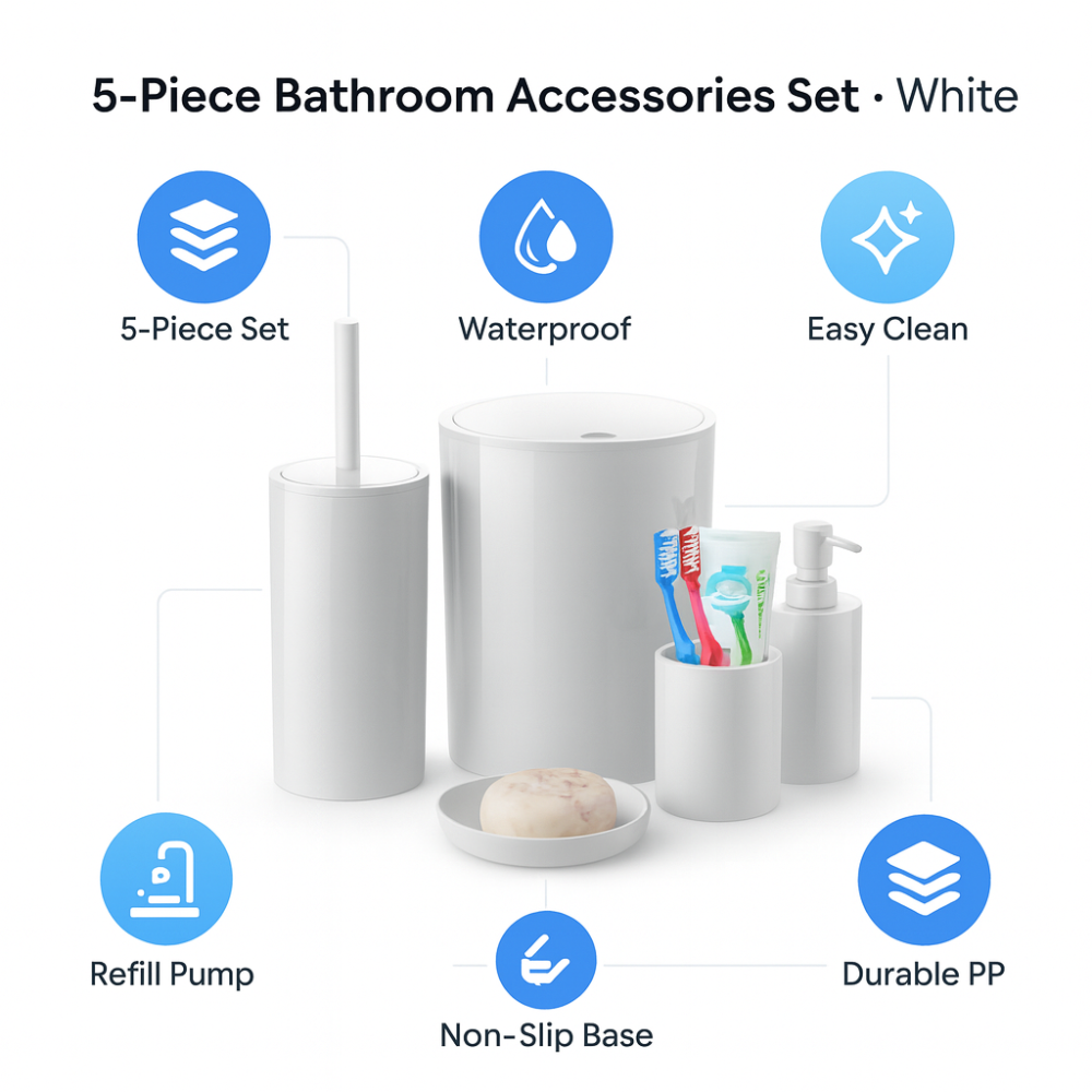 مجموعة إكسسوارات الحمام البلاستيكية فلوريس، 5 قطع