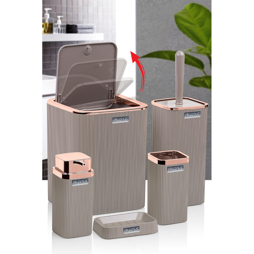 Okyanus 5-Piece Bathroom Accessory Set – Ribbed Modern Design with Rose-Gold Accents