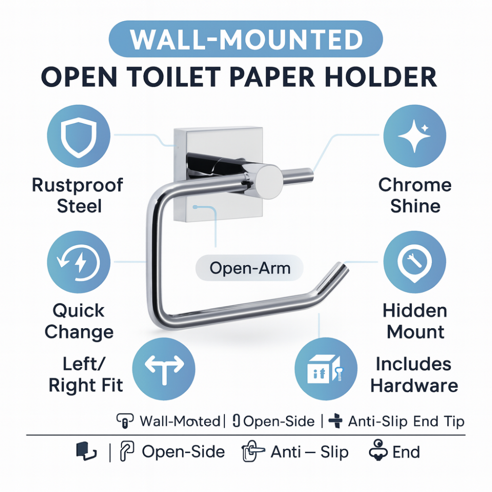 Toilet Paper Holder Wall Mounted, Open Chrome – Single Roll