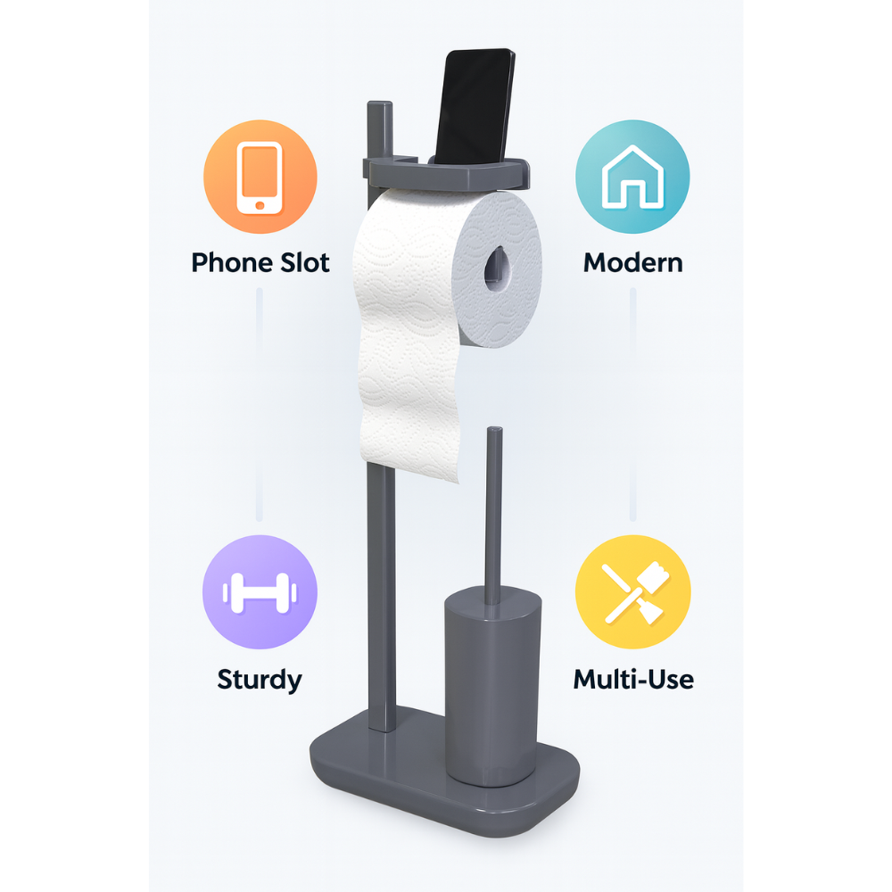 Standing Toilet Paper Holder with Brush & Shelf –75 cm | Primanova