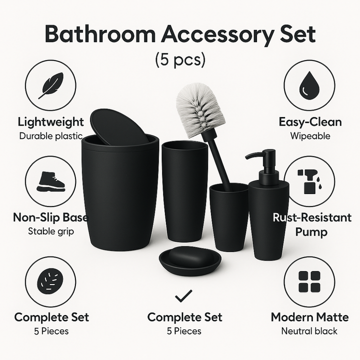 Bathroom accessories set 5 pieces – durable plastic, 7.5 Liter bin