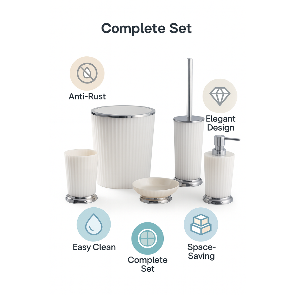 Ribbed Bathroom Accessories Set – Chrome Accents, 5-Piece