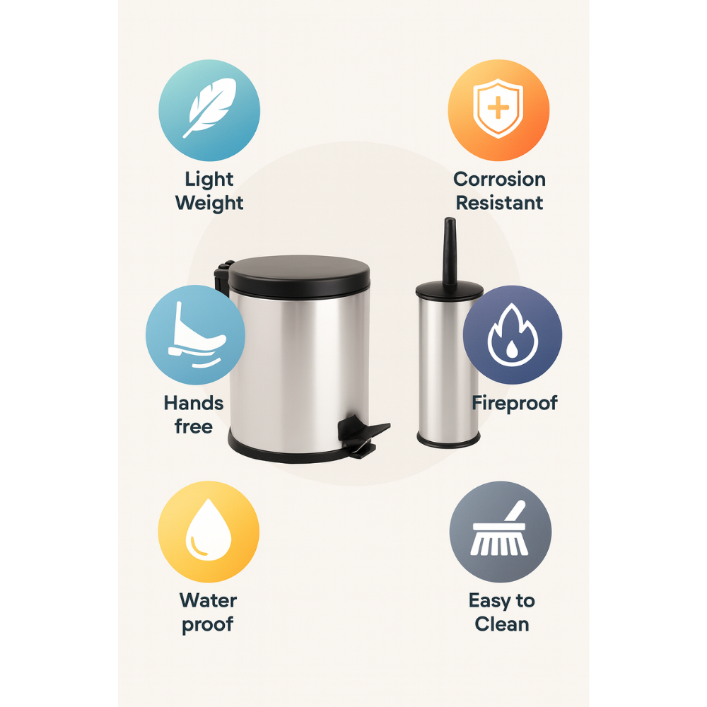 Bathroom Pedal Bin & Toilet Brush Set – Soft-Close Lid, Removable Inner Bucket