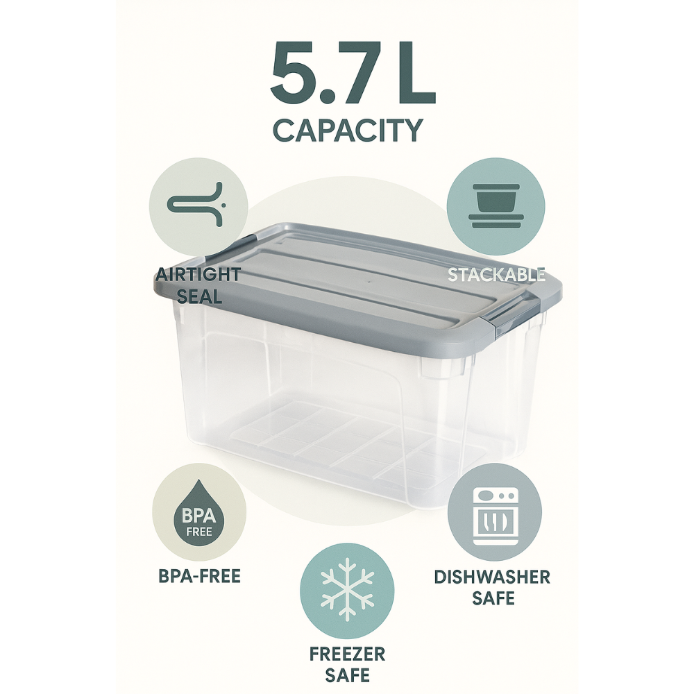 صندوق تخزين ملكي بلاستيكي شفاف - وعاء طعام محكم الإغلاق بغطاء مشبك - (رمادي غامق)