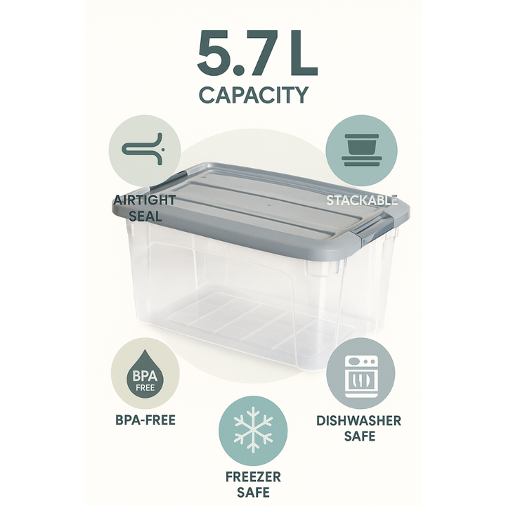 صندوق تخزين ملكي بلاستيكي شفاف - وعاء طعام محكم الإغلاق بغطاء مشبك - (رمادي غامق)