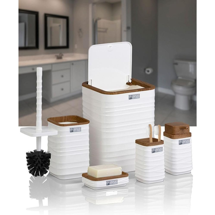 Modern 5-Piece Bathroom Accessories Set – Covered Bin, Wood-Grain Accents