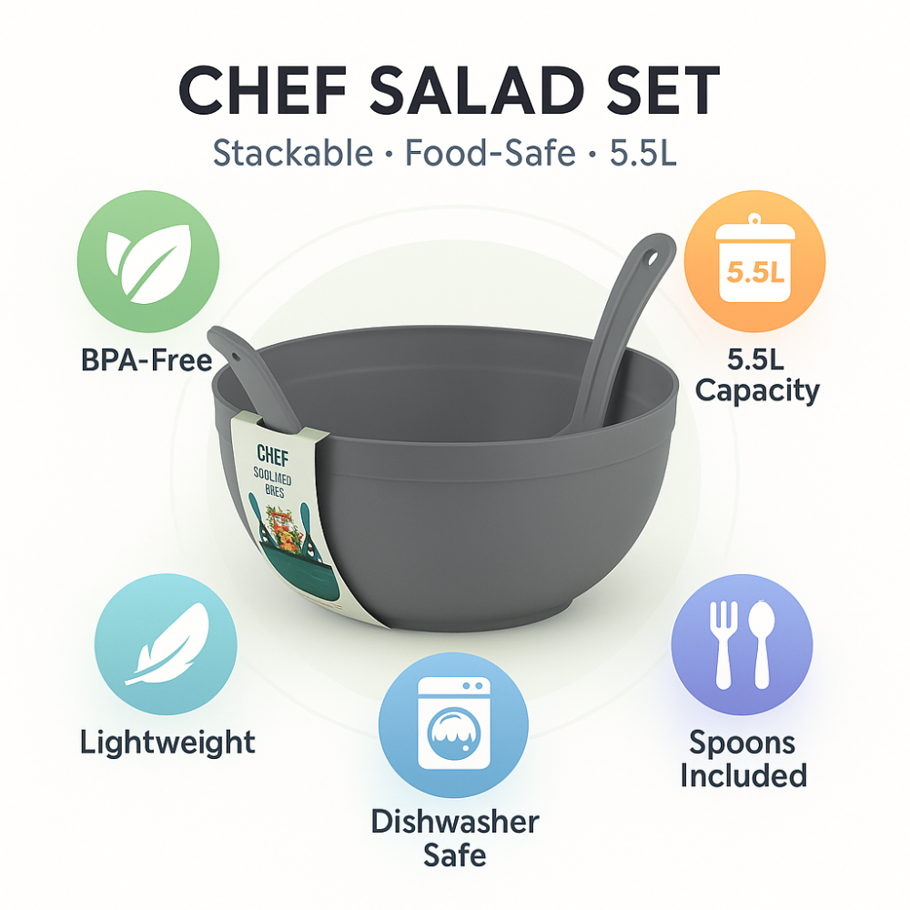 BPA-Free Salad Mixing Bowl with Spoon & Fork – 5.5 Liter