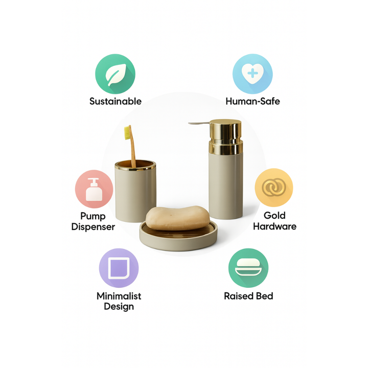Bathroom Accessories Set (3-Piece Acrylic) – Gold Ring Trim