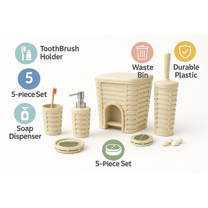 Rattan-Style 5-Piece Bathroom Accessory Set with 5 Liter Pedal Bin | Primanova