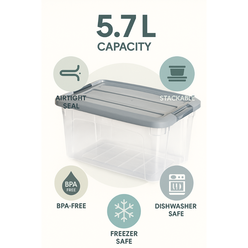 صندوق تخزين بلاستيكي شفاف ملكي - حاوية طعام محكمة الإغلاق بغطاء مشبك - (رمادي)