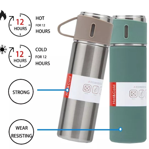 A set of one and two mugs made of stainless steel with a silicone handle