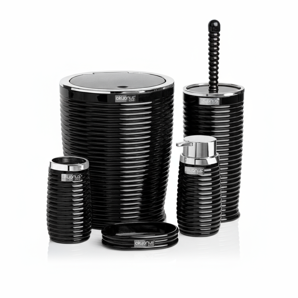 Okyanus 5-Piece Bathroom Set – Ribbed Design with Chrome Frame