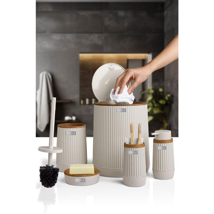5-Piece Bathroom Accessories Set – Wood-Grain Accents, Durable Plastic