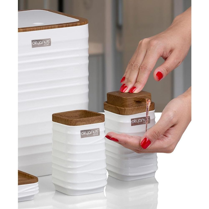 Modern 5-Piece Bathroom Accessories Set – Covered Bin, Wood-Grain Accents