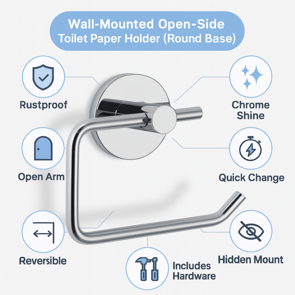 Toilet Paper Holder Wall Mounted, Open Chrome – Single Roll