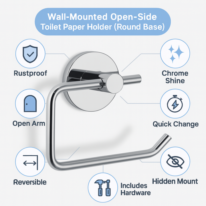 Toilet Paper Holder Wall Mounted, Open Chrome – Single Roll