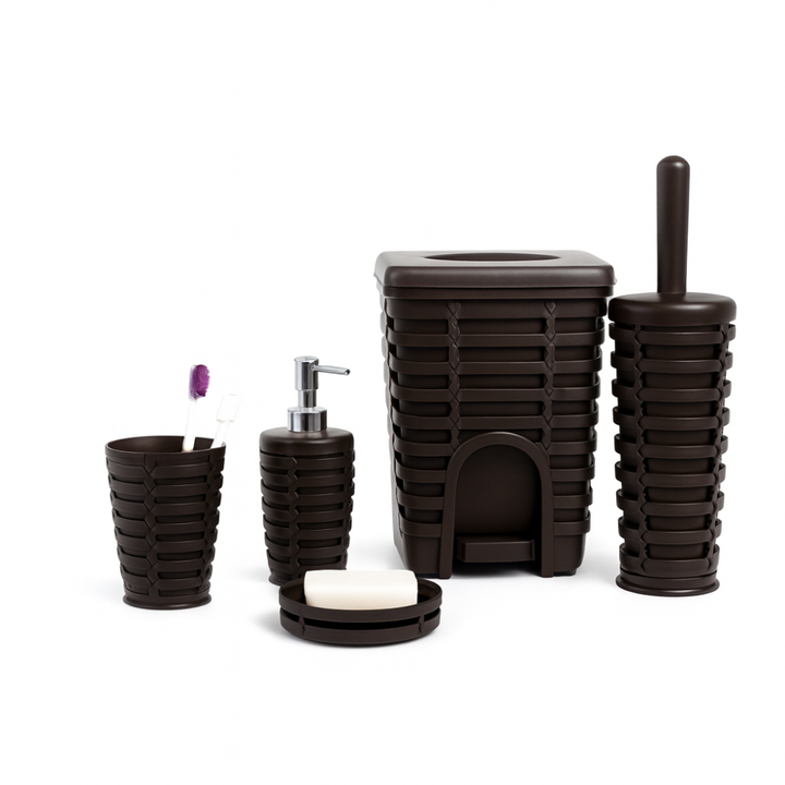 Rattan-Style 5-Piece Bathroom Accessory Set with 5 Liter Pedal Bin | Primanova