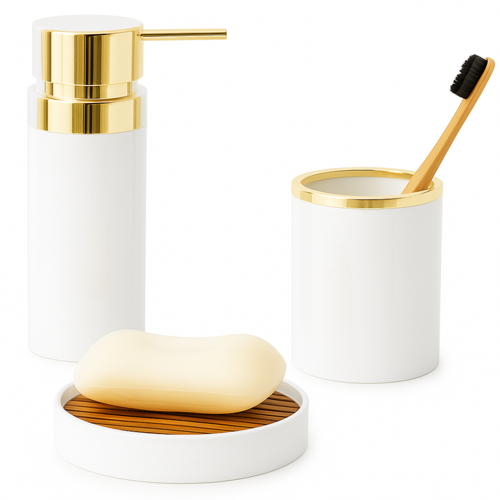 Bathroom Accessories Set (3-Piece Acrylic) – Gold Ring Trim