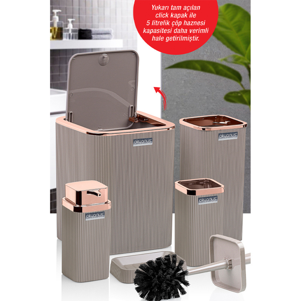 Okyanus 5-Piece Bathroom Accessory Set – Ribbed Modern Design with Rose-Gold Accents