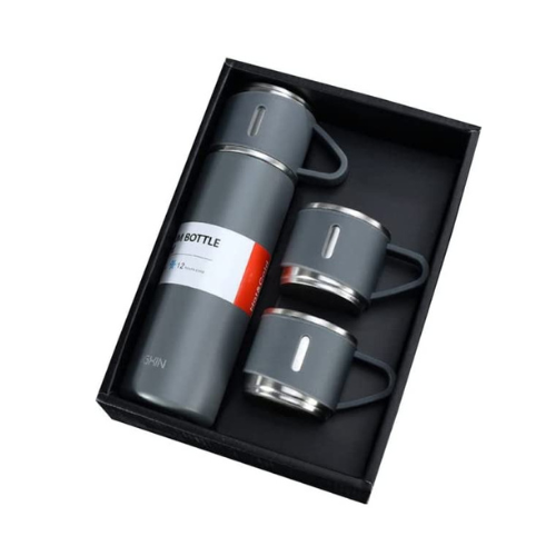 A set of one and two mugs made of stainless steel with a silicone handle